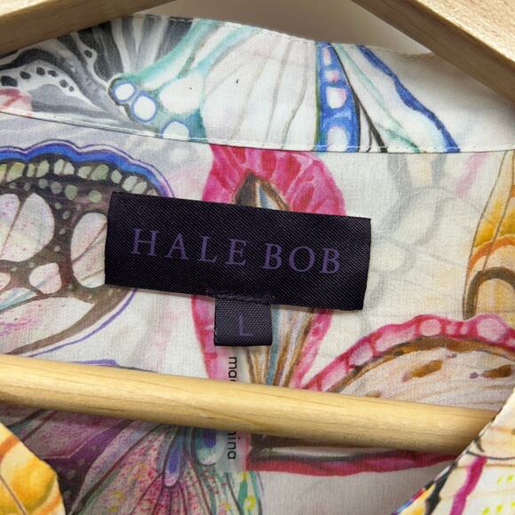 Hale Bob Butterfly Print Blouse Top Large Long Sleeve Tie Neck Boho Colorful - Picture 7 of 8